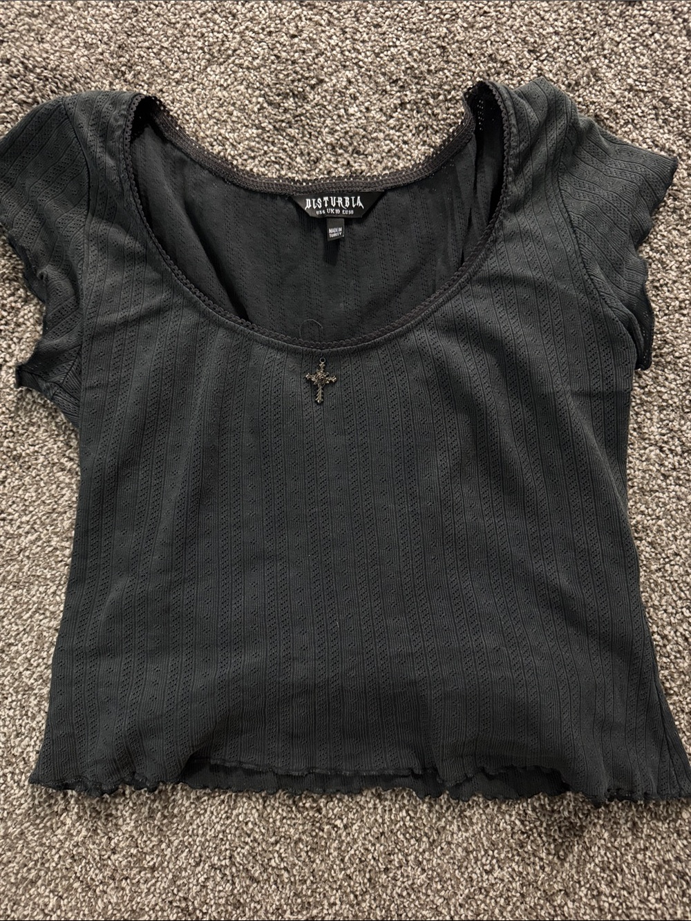 Disturbia Black Scoop Neck Cropped Tee with Cross Charm